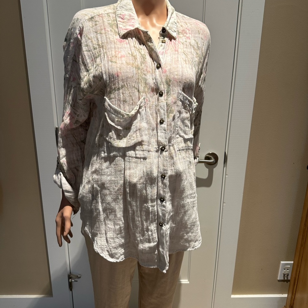 Free People Cream and Pink Relaxed Button Down Blouse
